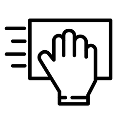 Line icon of a hand wiping a surface, representing dust collectors and cleaning accessories