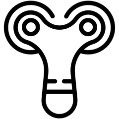 Minimalist black and white icon of a goat head with stylized horns and ears