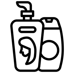 Line art of two shampoo or hair care bottles, one with a woman's profile icon