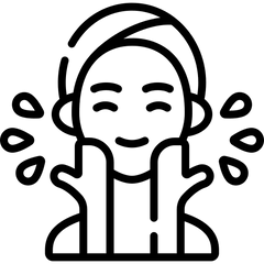 Line icon of smiling woman washing face for professional facial cleansing products