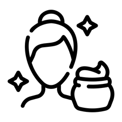Face care icon with woman, cream jar, and sparkles representing professional skincare cosmetics