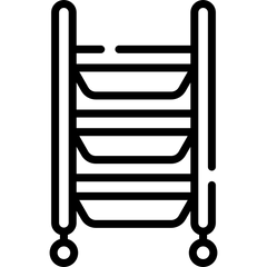 Black line drawing of a mobile trolley cart for beauty salons, with multiple shelves