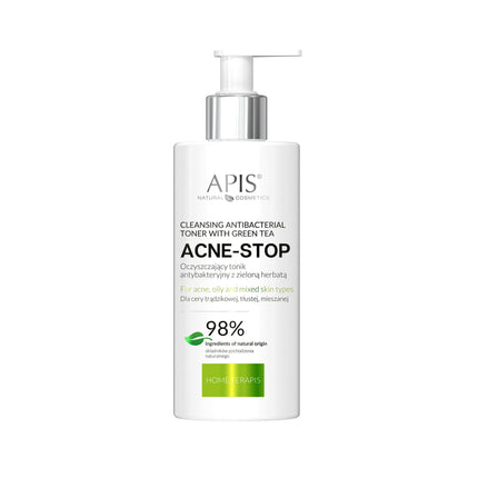 APIS ACNE-STOP antibakterinis valomasis tonikas su žaliąja arbata 300 ml – profesionalus spuogų kontrolės priemonė salonui