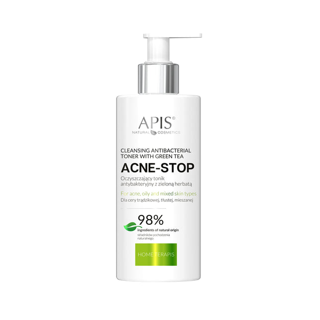 APIS ACNE-STOP antibakterinis valomasis tonikas su žaliąja arbata 300 ml – profesionalus spuogų kontrolės priemonė salonui