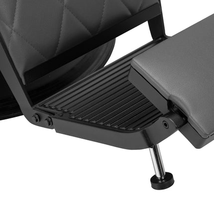 Pilka barberio kėdė su juodu rėmu HAIR SYSTEM – ideali moderniam barbershop interjeriui