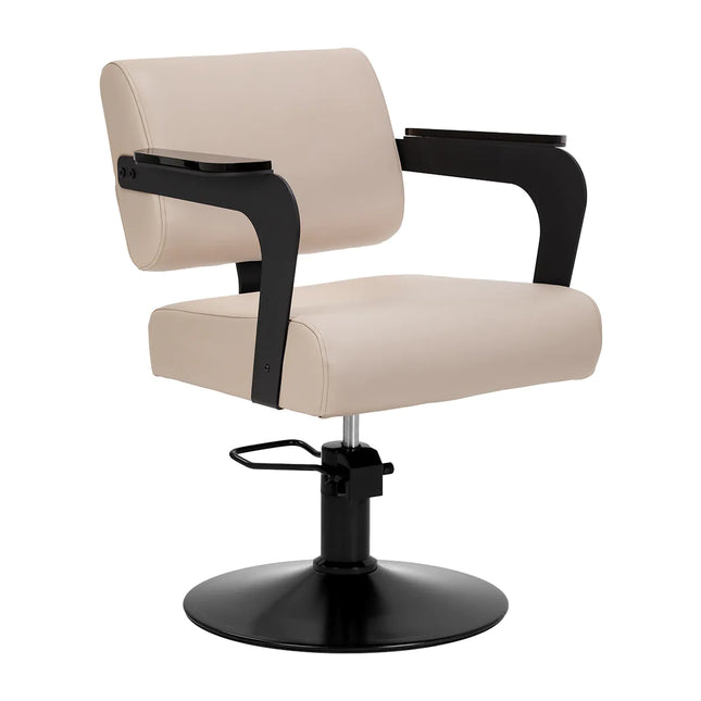 HAIR SYSTEM kirpyklos kėdė JET LATTE smėlinė – profesionali barbershopo kėdė ergonomiška ilgalaikiam naudojimui