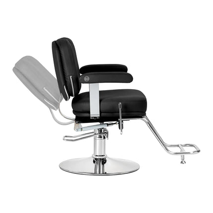 Profesionali OMEGA kirpėjo kėdė juodos spalvos – ergonomiška sėdima vieta kirpyklai