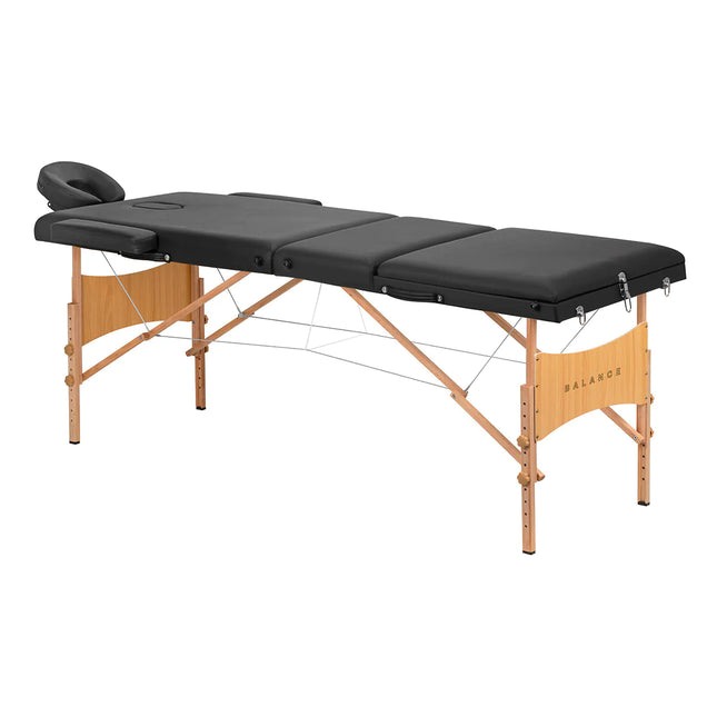 BALANCE LUX sulankstomas masažo stalas 3 segmentų 190×70 cm juodas medinėmis kojomis profesionaliam naudojimui