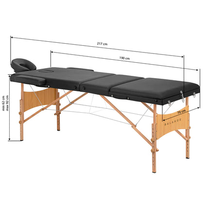 Juodas BALANCE LUX masažo stalas 3 segmentų 190×70 cm – ergonomiška darbo vieta masažo kabinete
