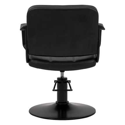 Juoda hidraulinė kirpyklos kėdė KOMODO – HAIR SYSTEM ergonomiški baldai barberio salonui