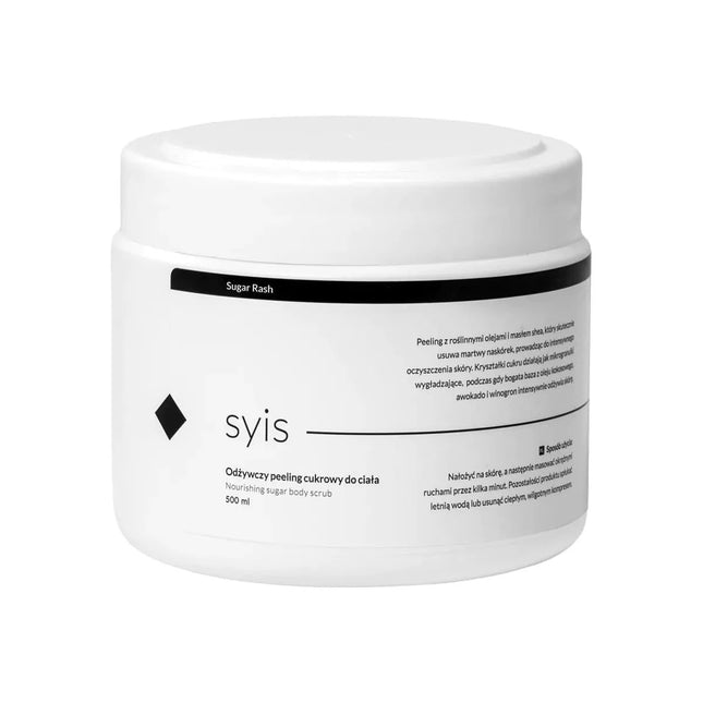 SYIS Sugar Rash cukrinis kūno šveitiklis 500 ml su augaliniais aliejais ir taukmedžio sviestu – odos šveitimas