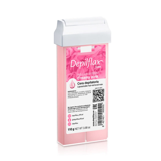 DEPILFLAX Creamy Pink depiliacijos vaškas rulete 110g – kreminis vaškas jautriai odai salonams