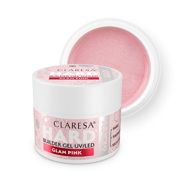 CLARESA HARD&EASY statybinis nagų gelis GLAM PINK 12g – pastelinis rožinis su sidabriniu blizgesiu manikiūrui