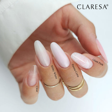 Claresa statybinis gelis Milky White 12g – žemo elastingumo UV gelis ilgaamžiškiems nagams