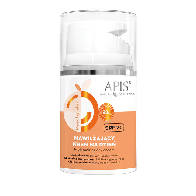 APIS PEACHY SKIN drėkinamasis dieninis kremas SPF 20 50ml – priežiūros priemonė sausai ir dehidratuotai odai su persikų aliej