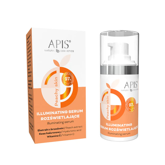 APIS PEACHY SKIN švytėjimo suteikiantis veido serumas 15 ml – profesionalus kosmetikos produktas su šviesą atspindinčiomis mi