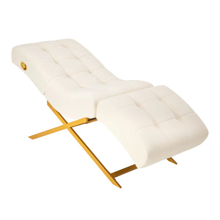 SILLON Umbra grožio salono krėslas blakstienų laminavimui — baltas veliūras, auksinės spalvos metalinis pagrindas