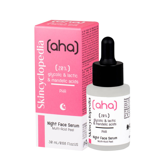 Skincyclopedia naktinis veido serumas su 20% AHA + PHA rūgščių kompleksu 30ml – profesionali odos atnaujinimo priemonė