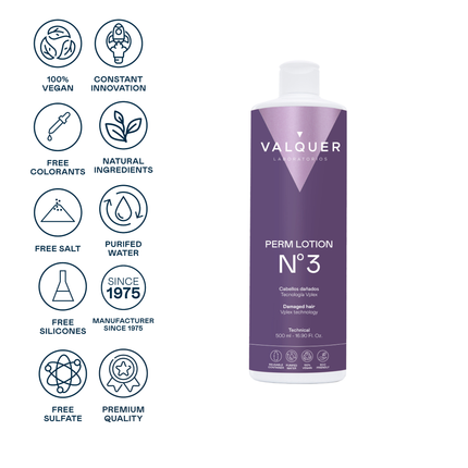 Profesionalus permanentinis onduliacijos skystis VALQUER Nr.3 500ml – idealus kirpykloms darbui su trapiais plaukais