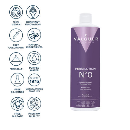 VALQUER 500ml permanento tirpalas No.0 – ilgalaikis garbanojimo efektas profesionaliems kosmetologams