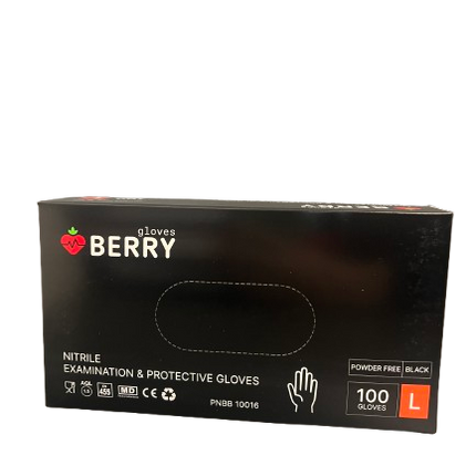 BERRY Gloves vienkartinės nitrilinės pirštinės Berry Black L dydžio juodos spalvos profesionaliam salonų naudojimui