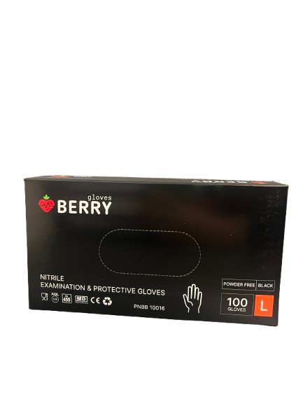 BERRY Gloves vienkartinės nitrilinės pirštinės Berry Black L dydžio juodos spalvos profesionaliam salonų naudojimui
