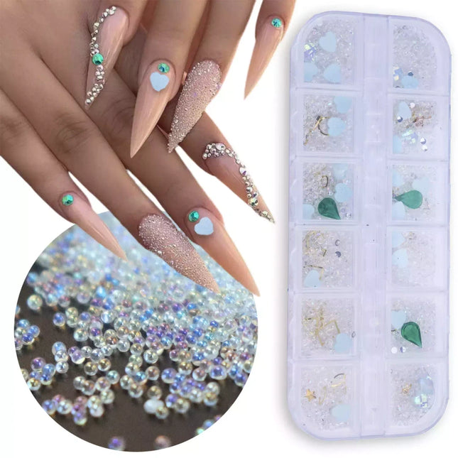 Nagų dekoracijų rinkinys - kristaliukų, širdelių ir auksinių elementų mixas - Beauty Kit