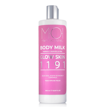 MOI Skincare Body Milk Glow Skin kūno losjonas 500ml su alijošiumi, ricinų aliejumi ir ramunėlėmis – drėkinantis ir švytėjimą suteikiantis