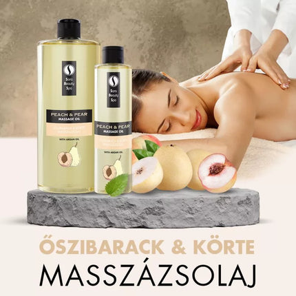 Persikų ir kriaušių aromato masažo aliejus 1 l – švelni tekstūra kūno procedūroms kosmetologijos kabinete