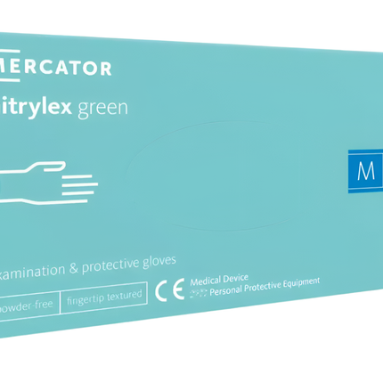 MERCATOR Nitrylex Green žalios nitrilinės pirštinės M dydžio be pudros manikiūro ir pedikiūro procedūroms salone, 100 vnt.