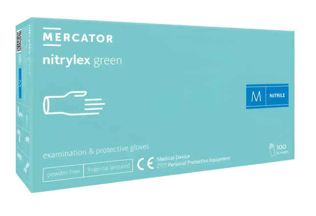 MERCATOR Nitrylex Green žalios nitrilinės pirštinės M dydžio be pudros manikiūro ir pedikiūro procedūroms salone, 100 vnt.