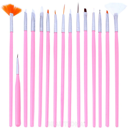 BeautyKit 15 skirtingų formų nagų teptukų komplektas geliniams efektams ir dekoratyviniam manikiūrui salone