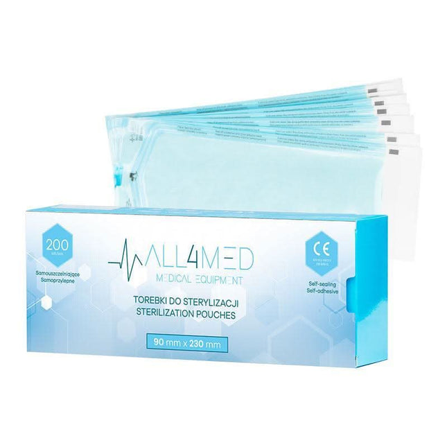 ALL4MED autoklavo maišeliai 90×230 mm, 200 vnt. – sterilizacijos pakuotės salonams ir kosmetologijos kabinetams