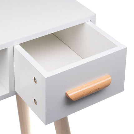 Baltos spalvos BS ALVA makiažo staliukas su veidrodžiu – ergonomiškas kosmetologės darbo baldas grožio studijoms ir profesionaliems salonams