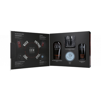 American Crew vyrų rinkinys Most Wanted 4 in 1 Medium Hold plaukų priežiūra ir formavimas