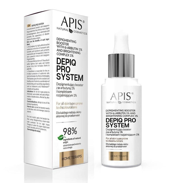 APIS DEPIQ PRO SYSTEM koncentratas pigmentuotai odai su α-arbutinu 1% ir šviesinimo kompleksu, 30 ml
