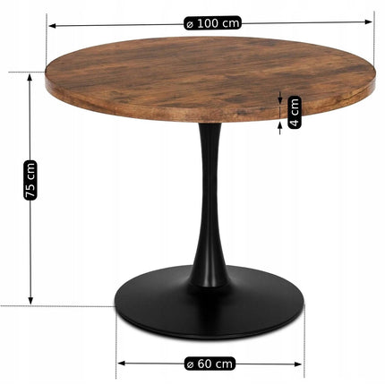 LINO rustic ąžuolo apvalus stalas kirpyklai ir grožio centrui — 100 cm juoda metalinė konstrukcija
