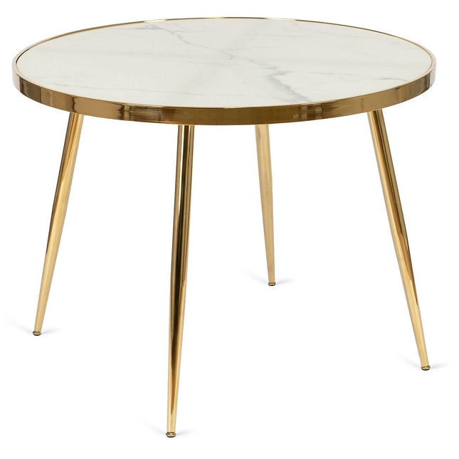 Mebel Elite apvalus stalas TINGA 100 cm baltas marmuras auksinis kojų rėmas grožio salonui