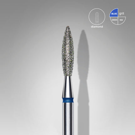 Staleks PRO 2,3mm liepsnelės formos deimantinis frėzos antgalis mėlynu žymėjimu nagų valymui salone