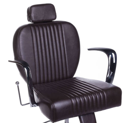 Profesionali barberio kėdė BS OLAF BH-3273 modernioje kirpykloje – rudos spalvos dizainas ir ergonomiška konstrukcija