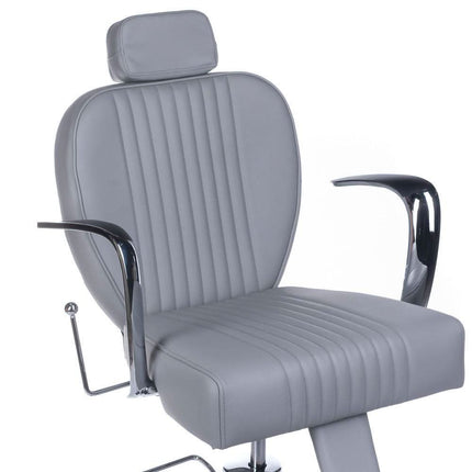 BS OLAF BH-3273 barberio kėdė moderniame barber salone – ergonomiška šviesiai pilka apmušalo spalva