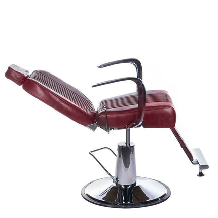 BS OLAF BH-3273 barberio kėdė – sodrios vyšninės spalvos dirbtinė oda ir ergonomiška atrama nugarai