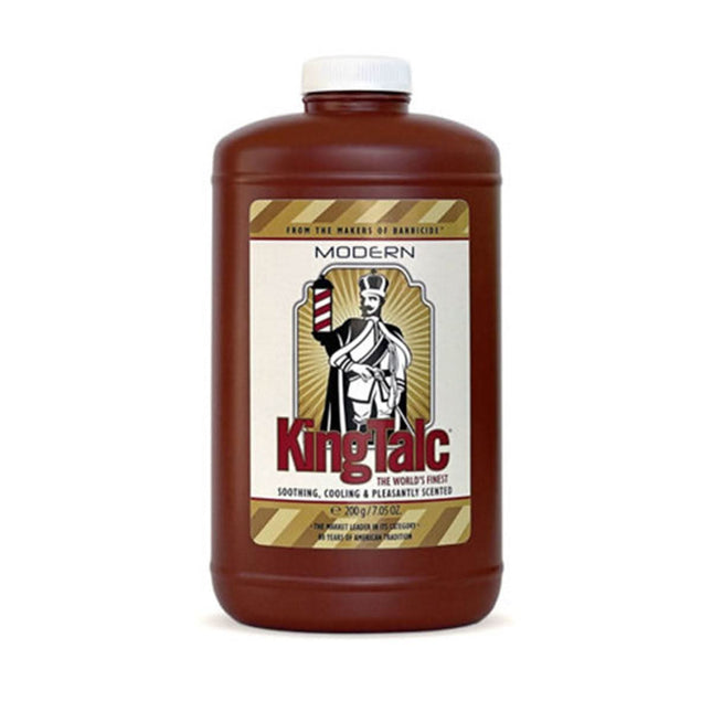 BARBICIDE King Talc Modern talkas odai 200g – profesionalus mineralinis pudravimo talkas kirpykloms po skutimosi