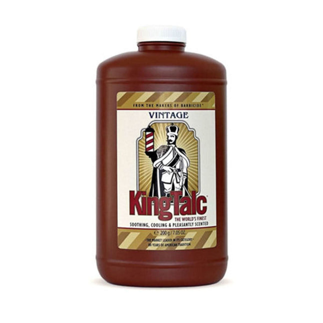 BARBICIDE King Talc Vintage talkas odai 200g – profesionalus mineralinis talkas kirpykloms po skutimosi