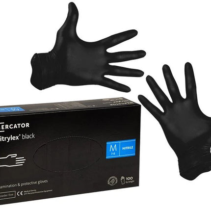 Vienreizlietojamie nitrila cimdi MERCATOR Nitrylex Black, S izmērs, melni, bez pūdera, 100 gab.