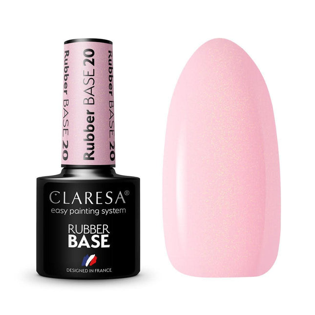 CLARESA RUBBER BASE 20 gelinio lako kaučiukinė bazė 5g – rožinė su auksiniais blizgučiais, manikiūrui
