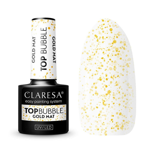 CLARESA Top Bubble Gold Matt 5g gelinio nagų lako matinis viršutinis sluoksnis su aukso dalelėmis manikiūrui