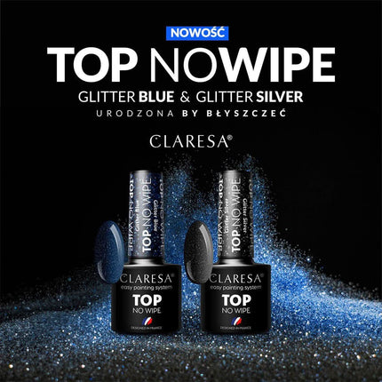 CLARESA gelio top coat su mėlynais blizgučiais pedikiūrui – nereikia šluostyti, 5 g