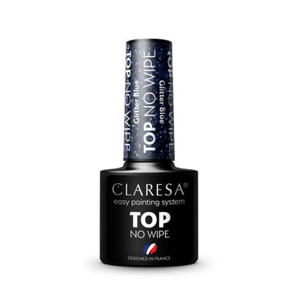CLARESA TOP NO WIPE GLITTER BLUE gelio viršutinis sluoksnis manikiūrui 5 g – mėlyni blizgučiai nagams