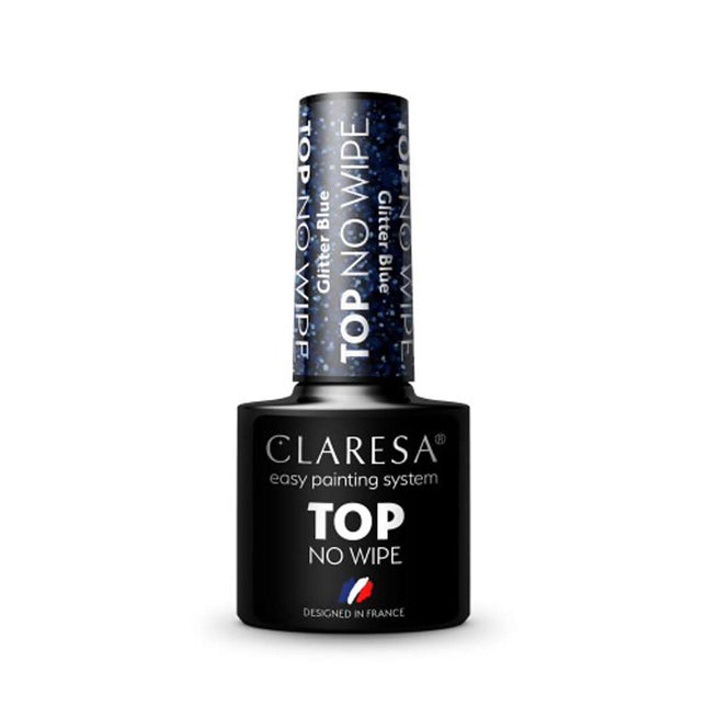 CLARESA TOP NO WIPE GLITTER BLUE gelio viršutinis sluoksnis manikiūrui 5 g – mėlyni blizgučiai nagams